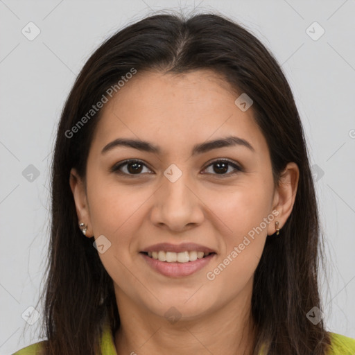 Joyful white young-adult female with long  brown hair and brown eyes