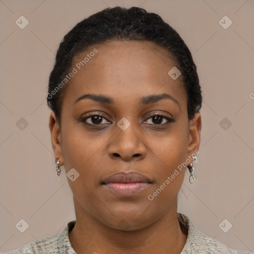 Neutral black young-adult female with short  black hair and brown eyes