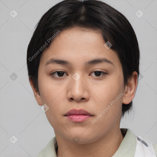 Neutral asian young-adult female with medium  black hair and brown eyes