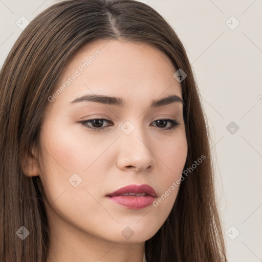 Neutral white young-adult female with long  brown hair and brown eyes