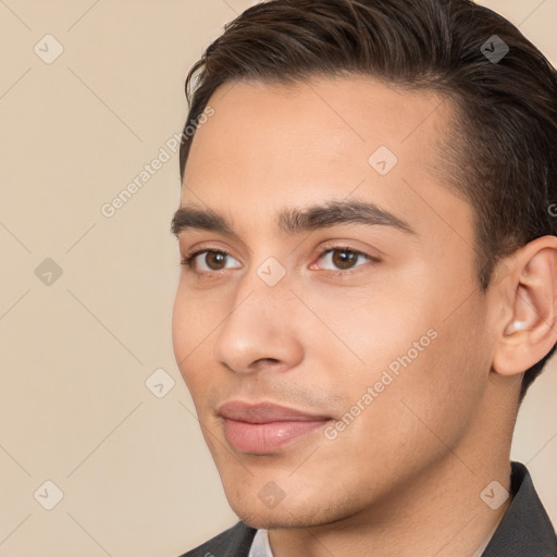 Neutral white young-adult male with short  brown hair and brown eyes