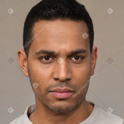 Neutral latino young-adult male with short  black hair and brown eyes