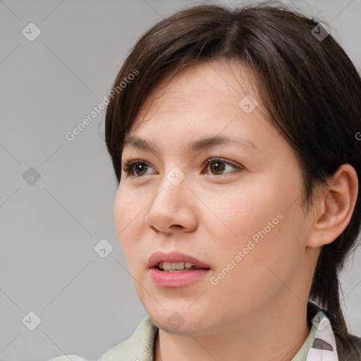 Neutral white young-adult female with medium  brown hair and brown eyes