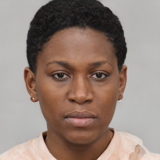 Neutral black young-adult female with short  brown hair and brown eyes