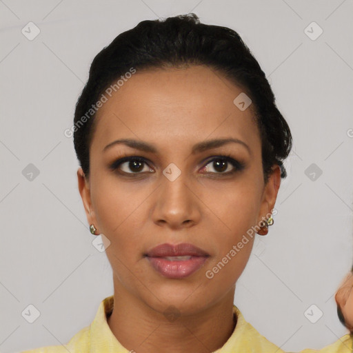 Neutral black young-adult female with short  black hair and brown eyes