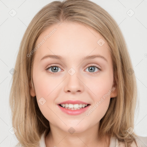 Joyful white young-adult female with medium  brown hair and blue eyes