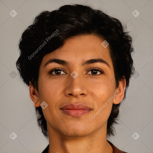 Joyful latino young-adult female with short  black hair and brown eyes