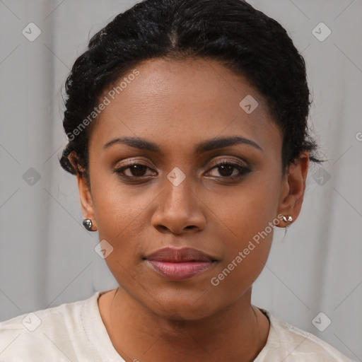 Joyful latino young-adult female with short  black hair and brown eyes