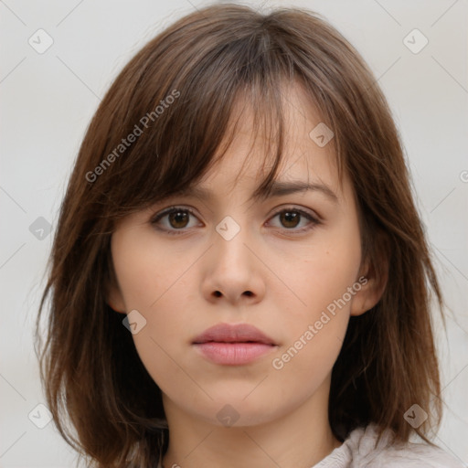 Neutral white young-adult female with medium  brown hair and brown eyes