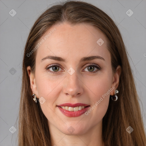 Joyful white young-adult female with long  brown hair and grey eyes