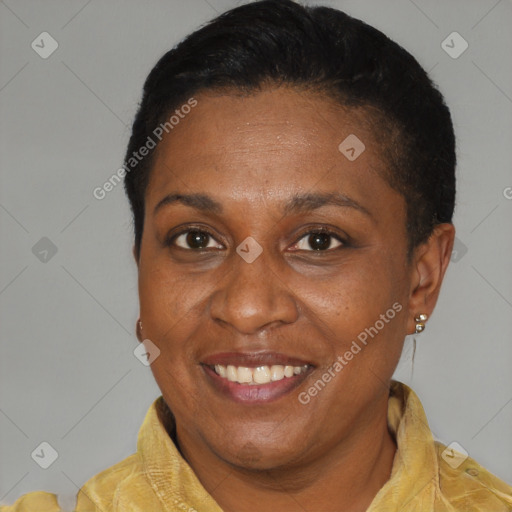 Joyful latino adult female with short  brown hair and brown eyes