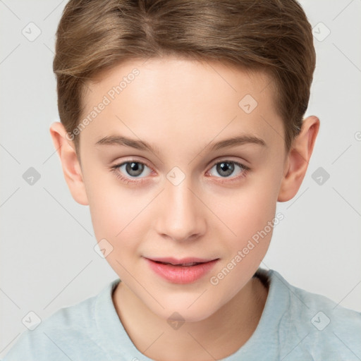 Joyful white child female with short  brown hair and brown eyes