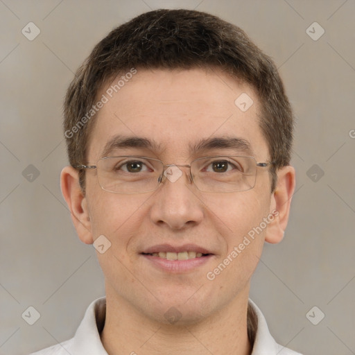 Joyful white adult male with short  brown hair and brown eyes