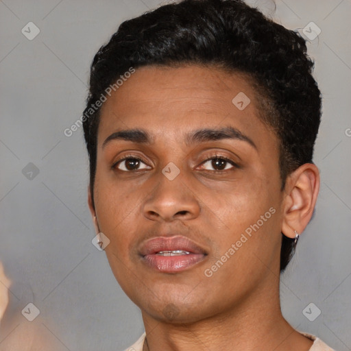 Neutral black young-adult female with short  black hair and brown eyes
