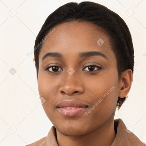 Joyful latino young-adult female with long  brown hair and brown eyes