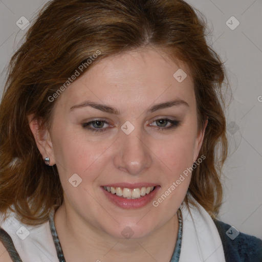 Joyful white young-adult female with medium  brown hair and blue eyes