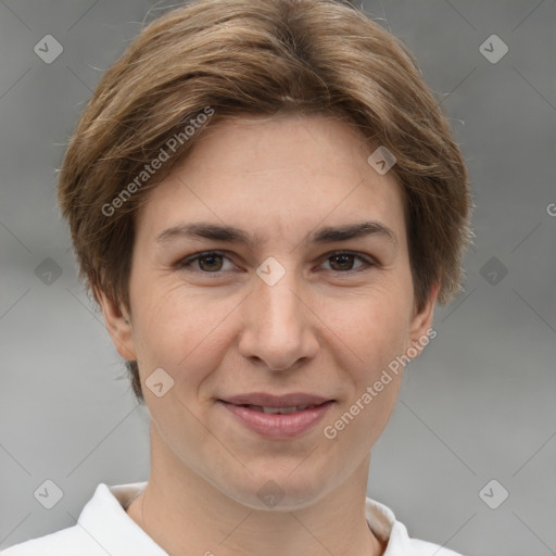 Joyful white young-adult female with short  brown hair and grey eyes