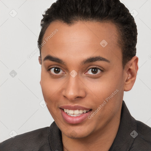 Joyful white young-adult female with short  brown hair and brown eyes