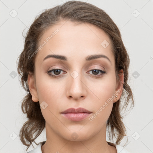 Neutral white young-adult female with medium  brown hair and grey eyes