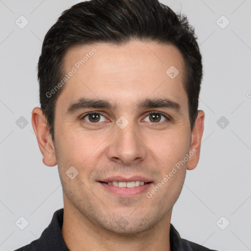 Joyful white young-adult male with short  brown hair and brown eyes