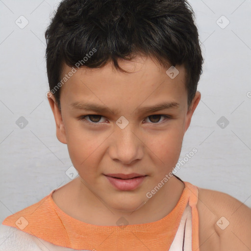 Joyful white child male with short  brown hair and brown eyes