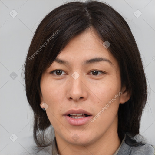 Neutral white young-adult female with medium  brown hair and brown eyes