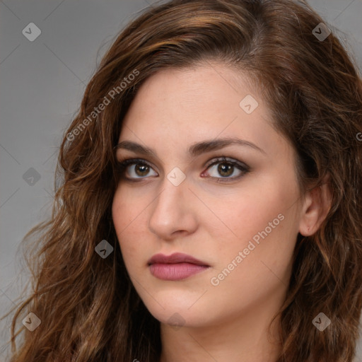 Neutral white young-adult female with long  brown hair and brown eyes