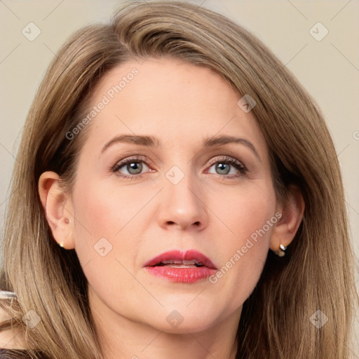 Joyful white adult female with long  brown hair and grey eyes