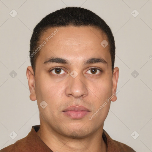 Neutral latino young-adult male with short  brown hair and brown eyes
