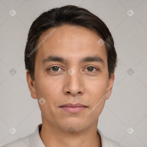 Neutral white young-adult male with short  brown hair and brown eyes