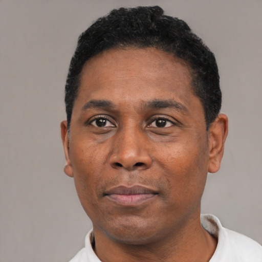 Neutral black adult male with short  black hair and brown eyes