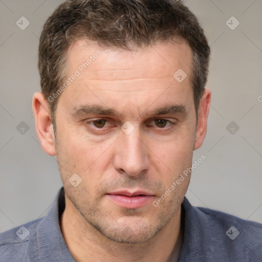 Neutral white adult male with short  brown hair and brown eyes