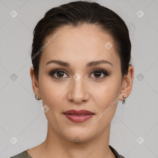 Joyful white young-adult female with medium  brown hair and brown eyes