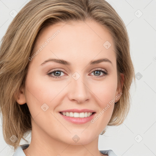 Joyful white young-adult female with medium  brown hair and green eyes