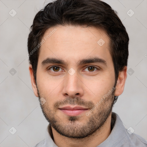 Neutral white young-adult male with short  brown hair and brown eyes