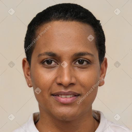 Joyful latino young-adult female with short  black hair and brown eyes