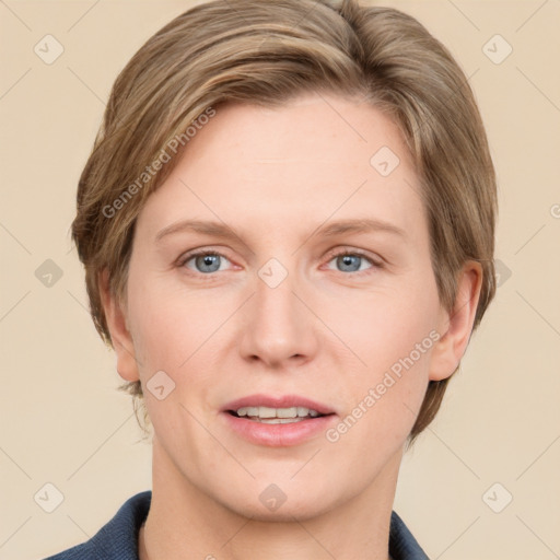 Joyful white adult female with short  brown hair and grey eyes