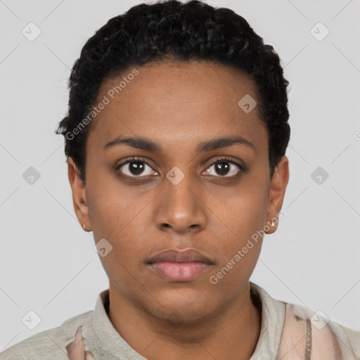 Neutral black young-adult female with short  black hair and brown eyes