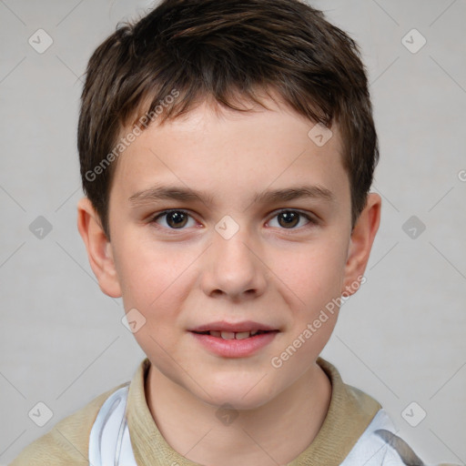 Joyful white child male with short  brown hair and brown eyes