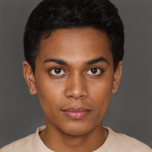 Neutral black young-adult female with short  brown hair and brown eyes