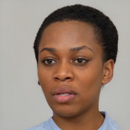 Neutral black young-adult female with short  black hair and brown eyes