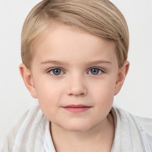 Joyful white child female with short  brown hair and grey eyes