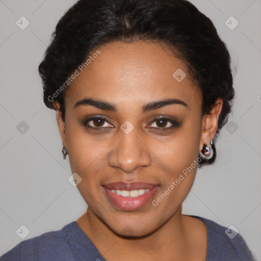 Joyful latino young-adult female with short  black hair and brown eyes