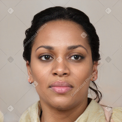 Neutral latino young-adult female with short  black hair and brown eyes