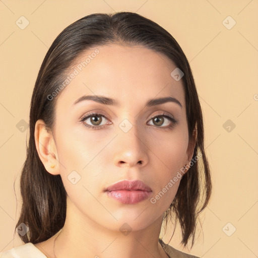 Neutral asian young-adult female with medium  brown hair and brown eyes