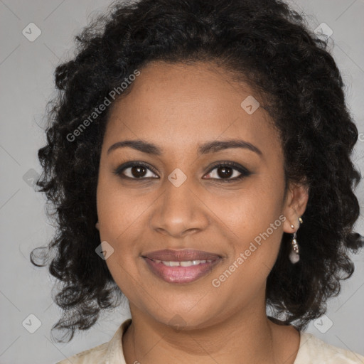 Joyful black young-adult female with medium  black hair and brown eyes