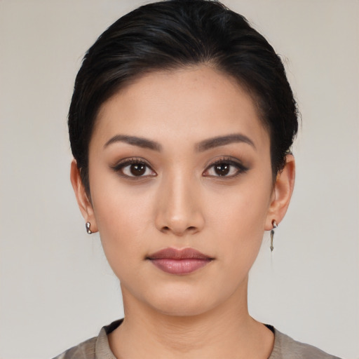 Neutral asian young-adult female with short  black hair and brown eyes