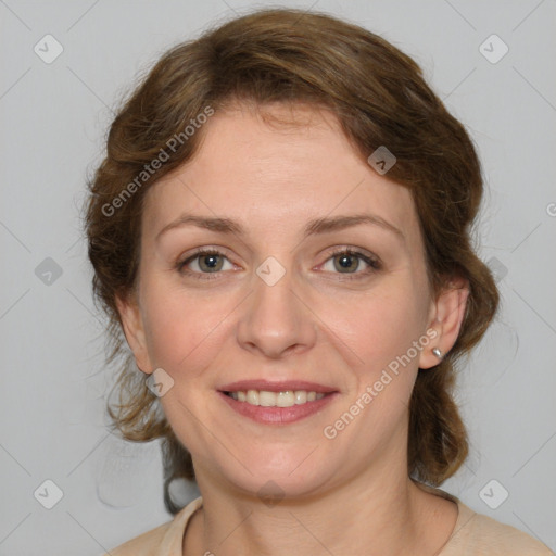 Joyful white young-adult female with medium  brown hair and green eyes