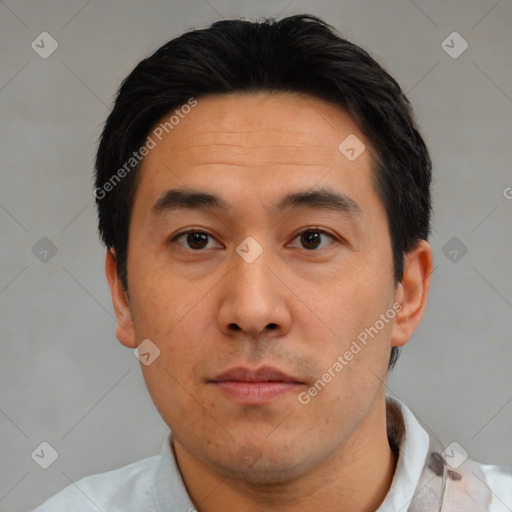 Neutral asian young-adult male with short  black hair and brown eyes