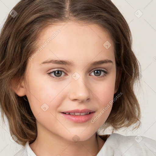 Joyful white child female with medium  brown hair and brown eyes